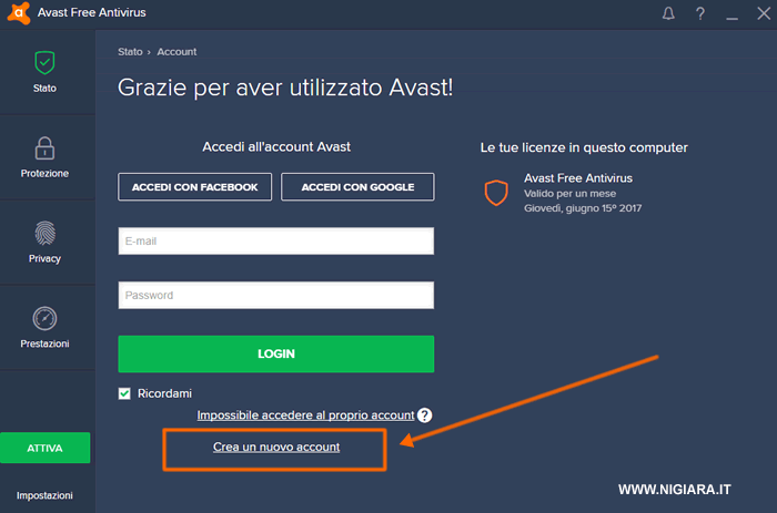clicca su crea un nuovo account su Avast