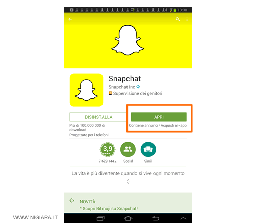 premi sul bottone Apri per lanciare l'applicazione Snapchat