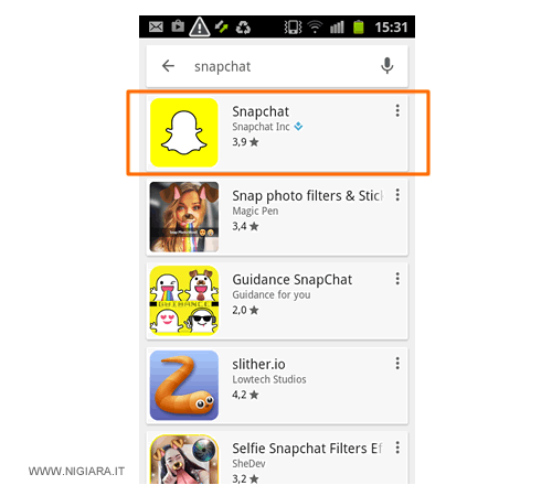 seleziona l'app di Snapchat sui risultati