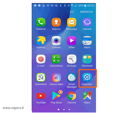 l'icona impostazioni ti permette di modificare la configurazione del sistema operativo Android e dei programmi installati