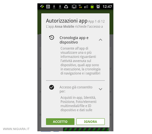 autorizzazione e accettazione del servizio nelle app