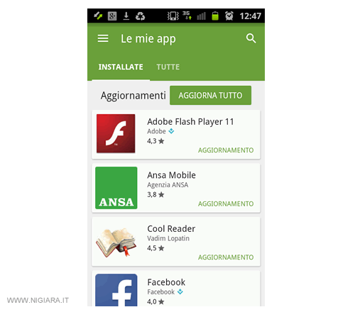 l'aggiornamento delle applicazioni su Android