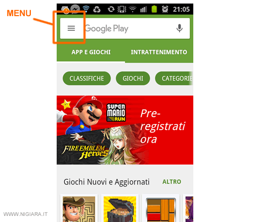 clicca sull'icona del Menu su Google Play Store