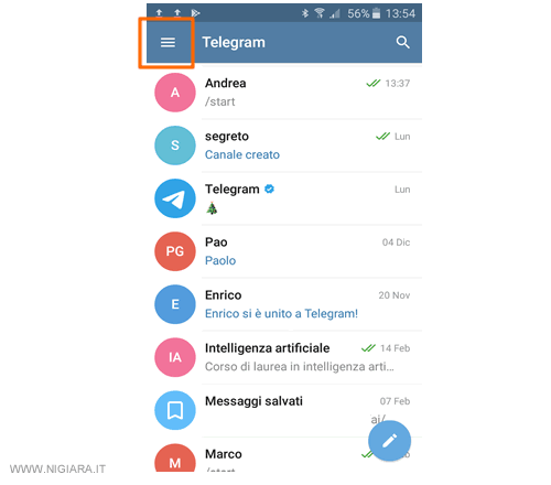 come accedere al menu principale di Telegram