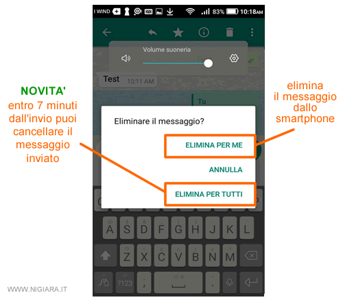 Elimina il messaggio inviato su Whatsapp entro 7 minuti