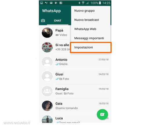 seleziona la voce Impostazioni nel menù principale di Whatsapp