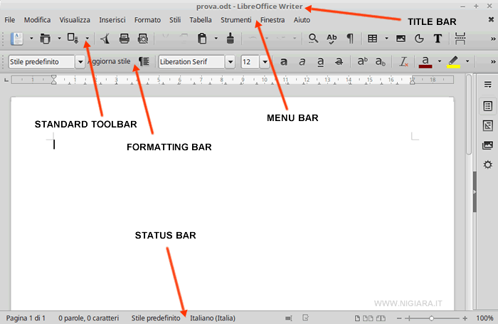 l'interfaccia di Writer LibreOffice
